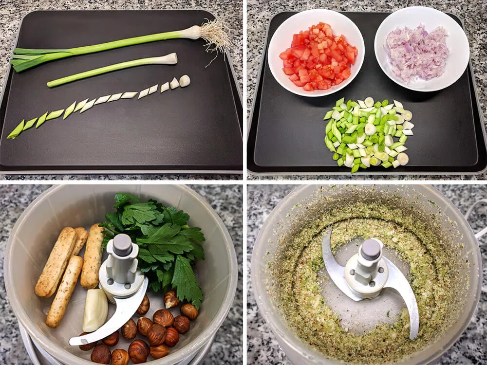 Ajos tiernos, tomates y cebolla cortados y picados. Preparación de la picada.