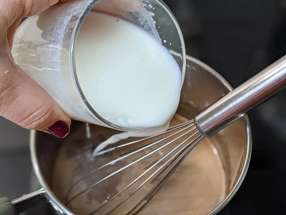 Leche con cacao y cuajada.