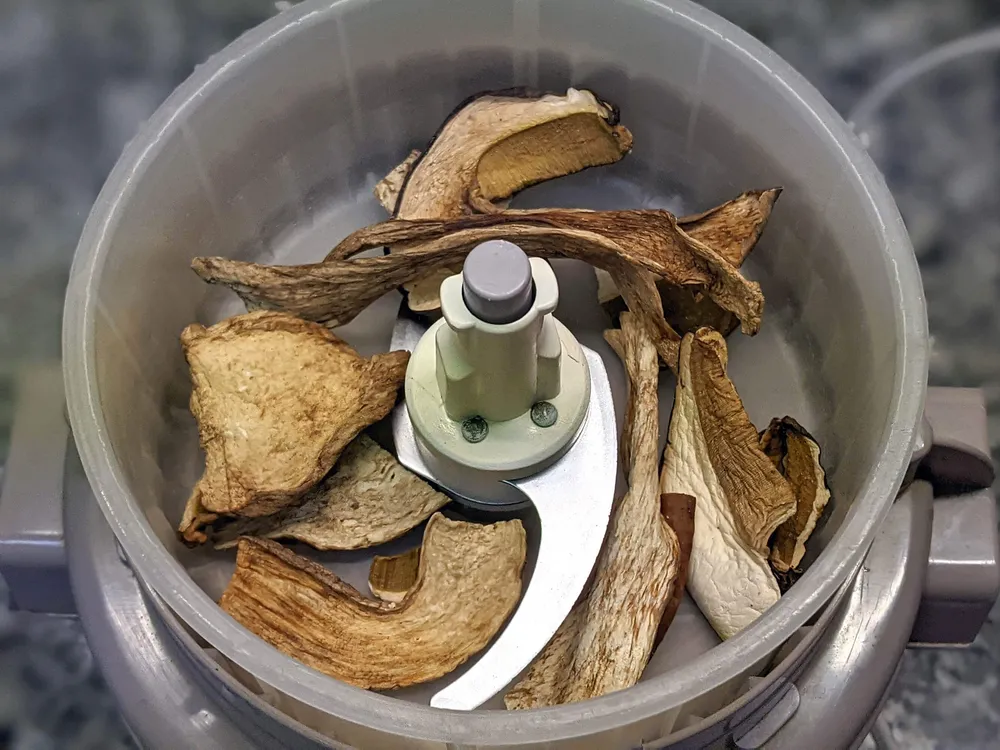 Ceps deshidratados en picadora.