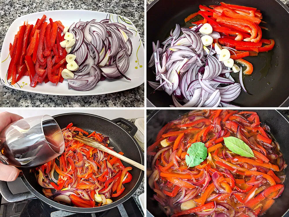 Pimiento rojo, cebolla morada y ajo laminados.