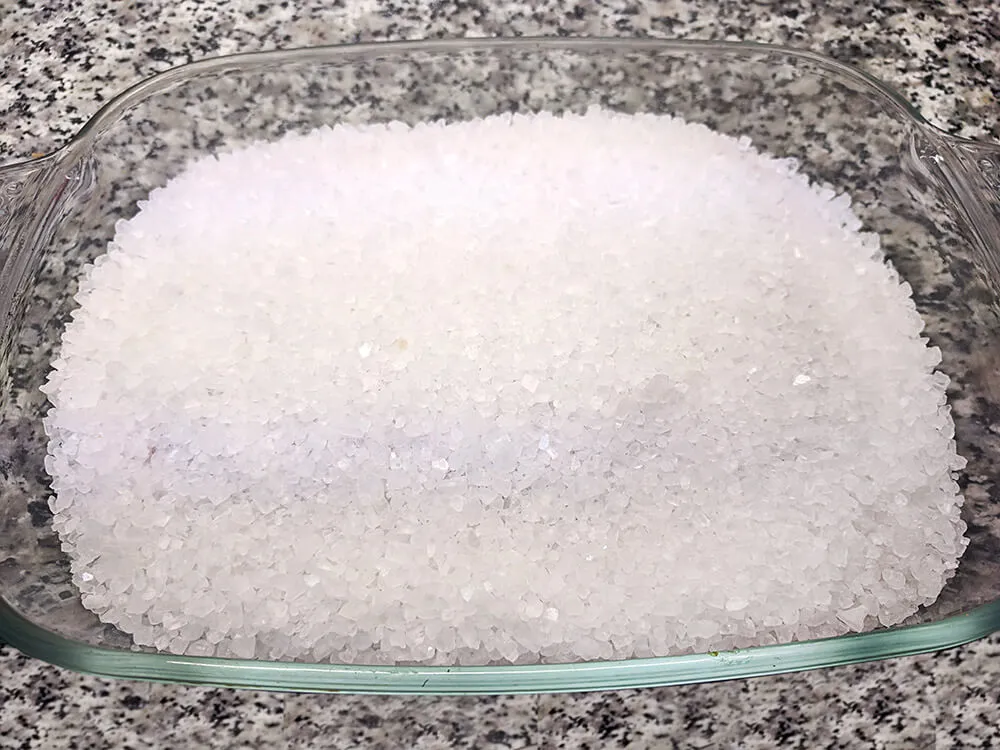 Salmón cubierto con sal gruesa.