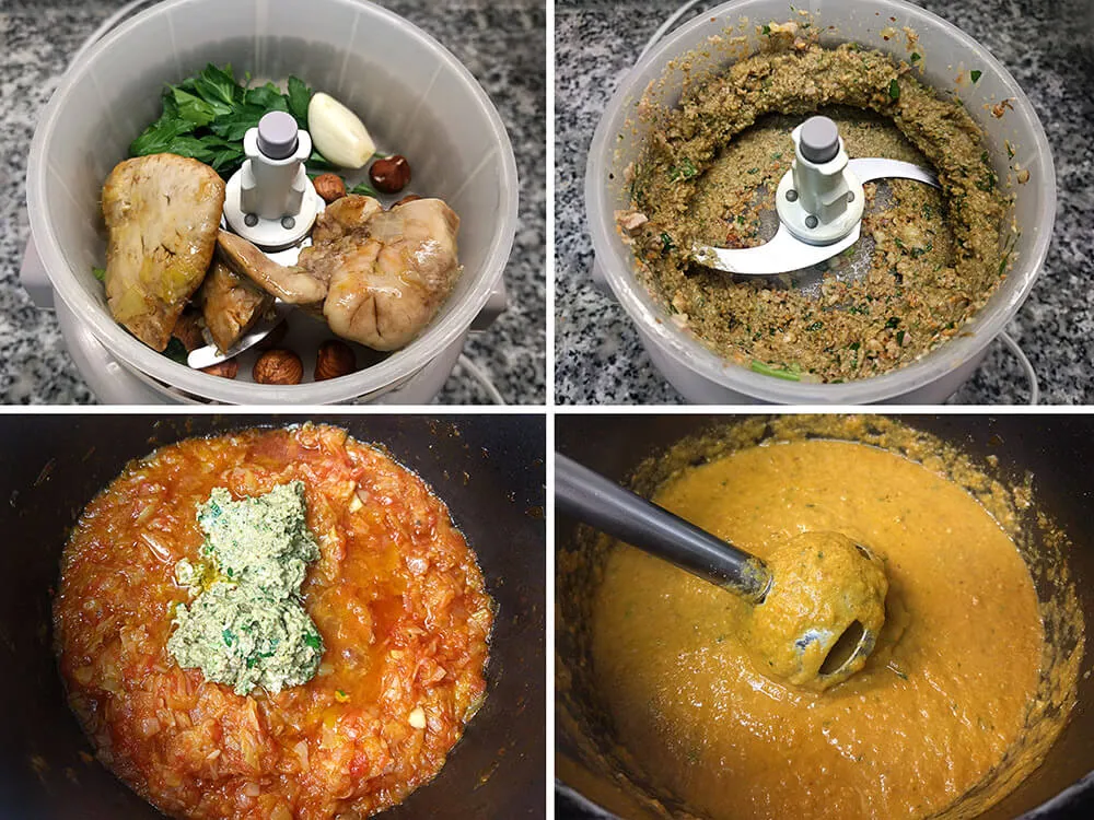 Picada de avellanas, hígado de rape, ajo y perejil.