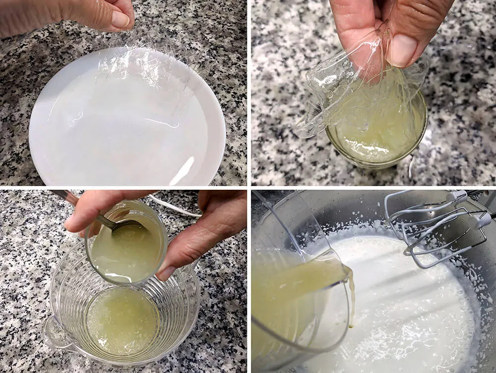 Gelatina neutra en remojo, zumo de limón y crema de leche batida con leche condensada.